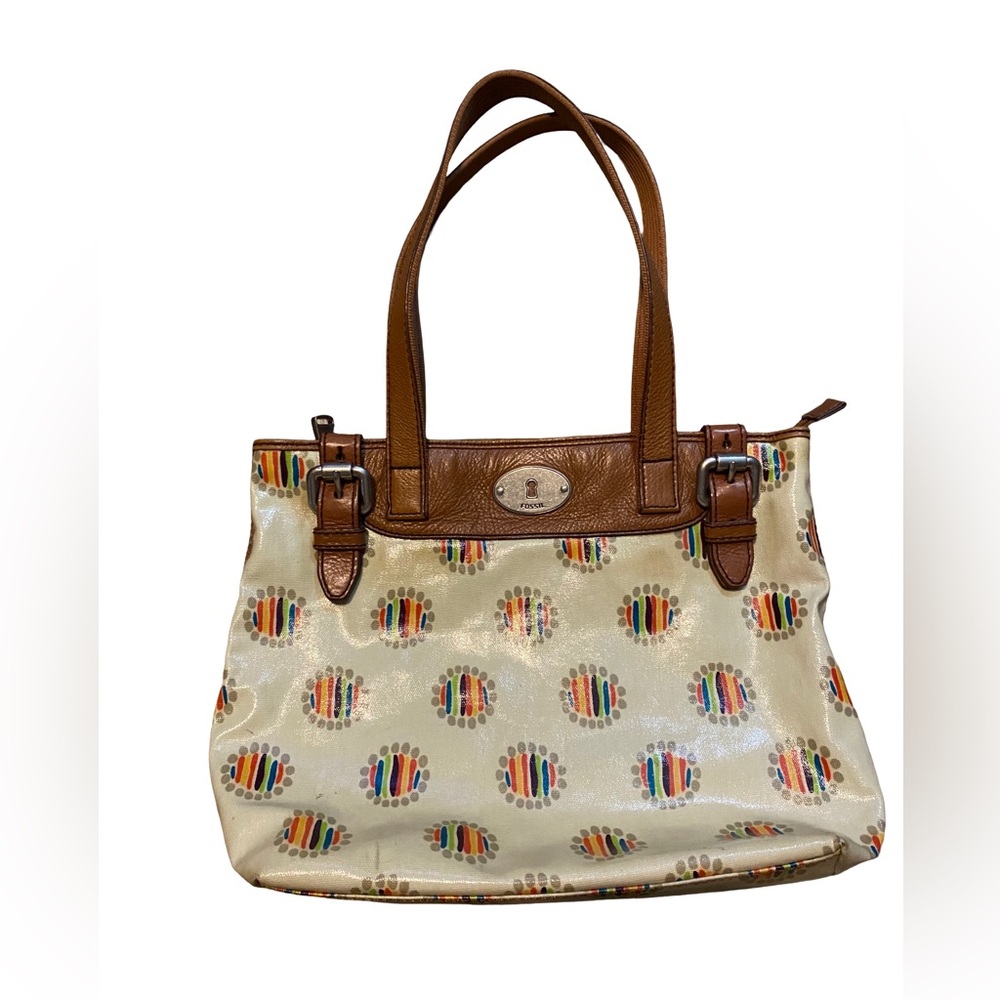 Fossil Key-Per Shoulder Handbag Purse Tote Brown Floral Print Coated Canvas Zip